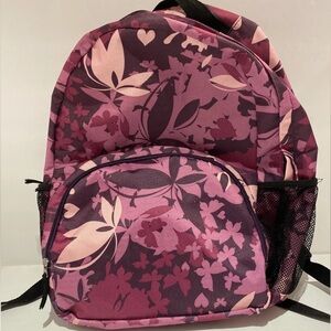 Navy, Pink Flowers Backpack with small pocket and two mesh pockets in side